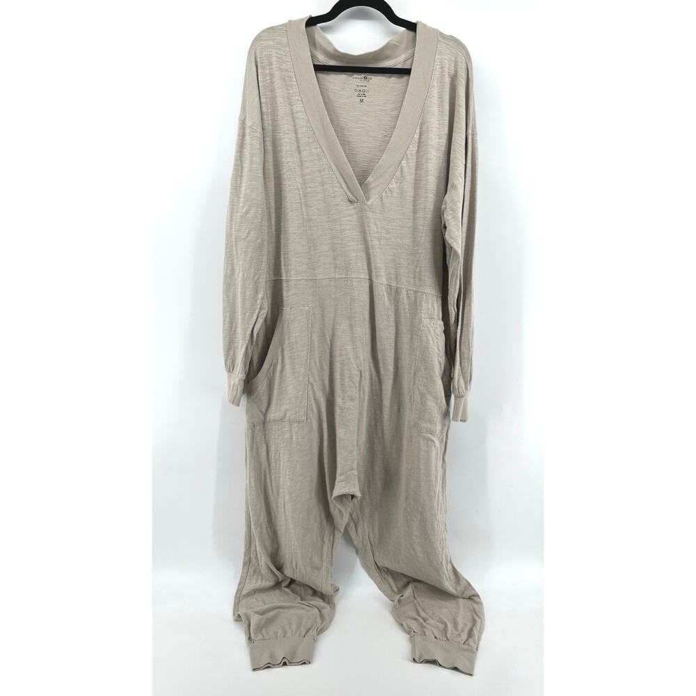 Natural Life Johnnie Cotton Knit Drop-Crotch Jumpsuit Size M Oatmeal Beige